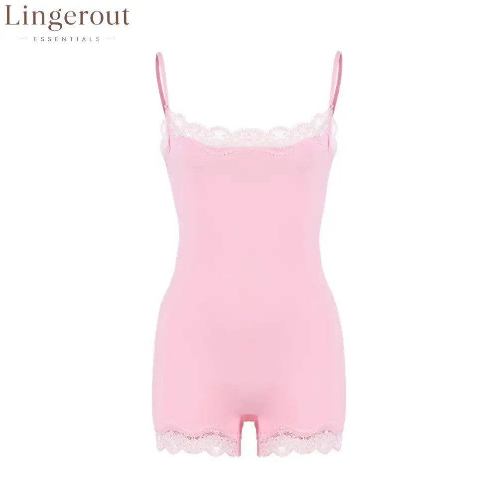Lace Trim Adjustable Strap Seamless Shaping Bodysuit Short - Pink/pink / XS