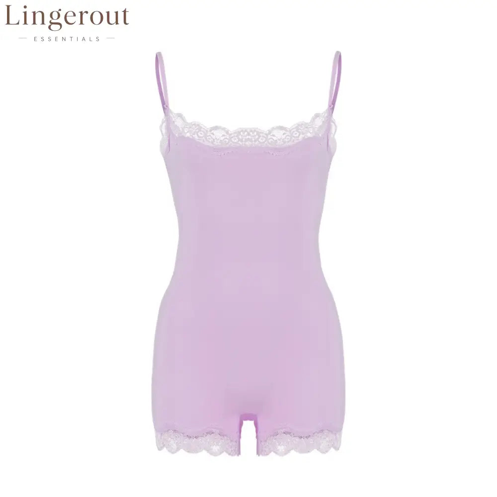 Lace Trim Adjustable Strap Seamless Shaping Bodysuit Short - Purple/purple / XS