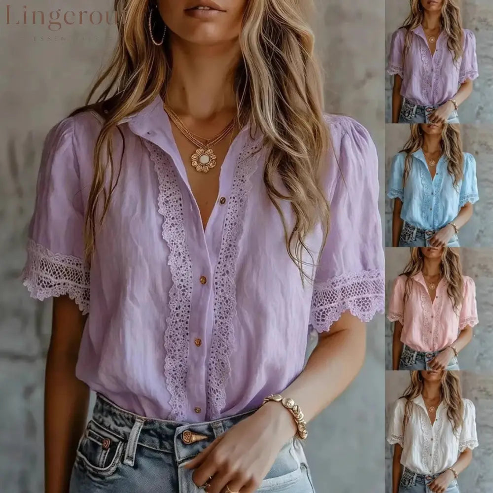 Lace Trim Puff‑Short‑Sleeve Button‑Down Collared Blouse