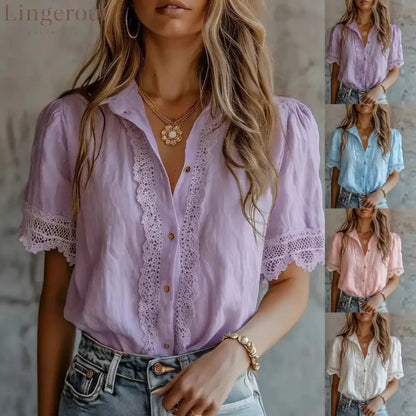 Lace Trim Puff‑Short‑Sleeve Button‑Down Collared Blouse