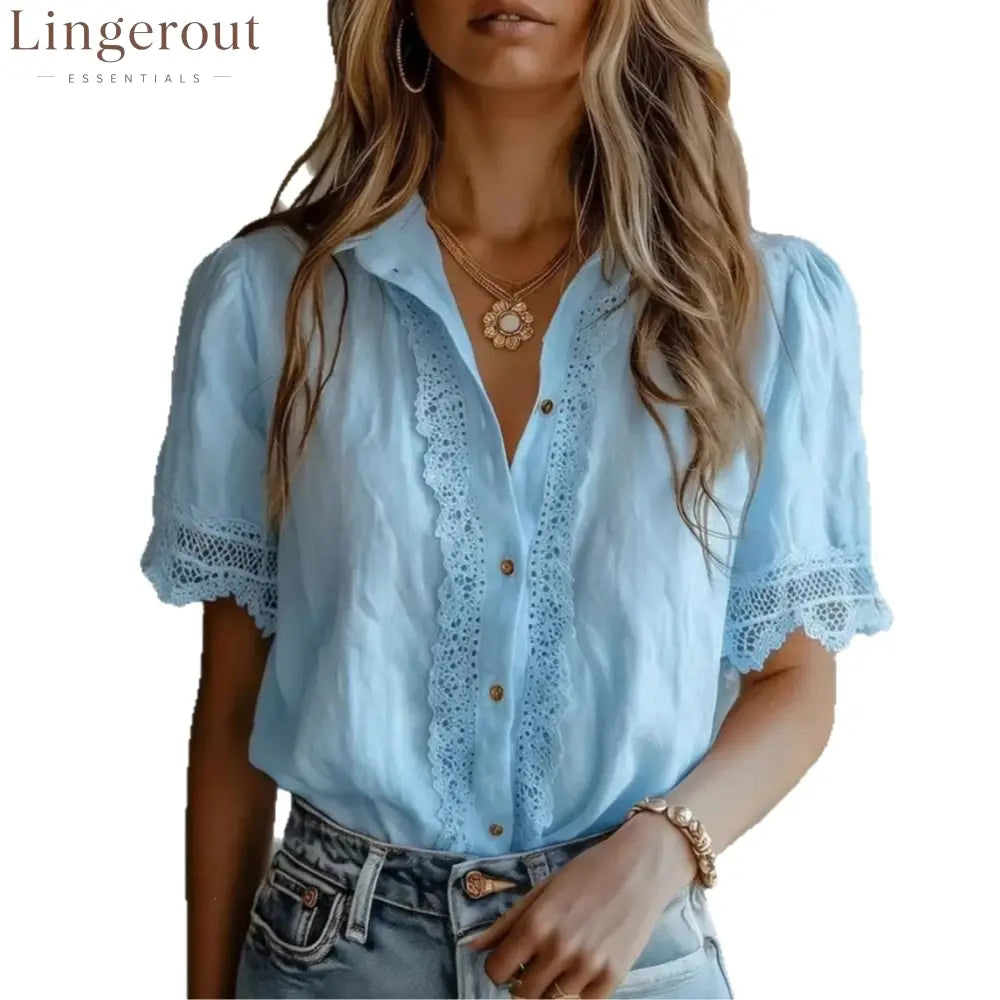 Lace Trim Puff‑Short‑Sleeve Button‑Down Collared Blouse