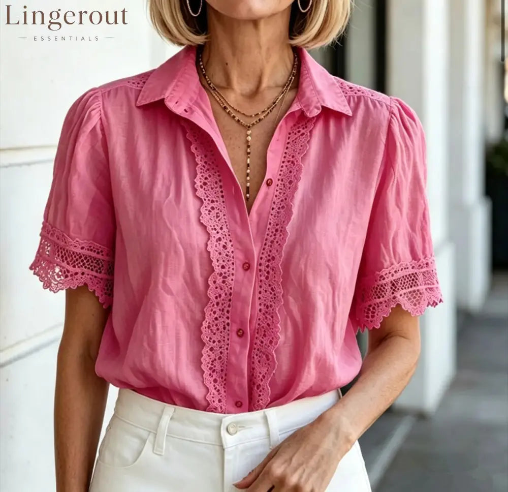 Lace Trim Puff‑Short‑Sleeve Button‑Down Collared Blouse - Rose red / S