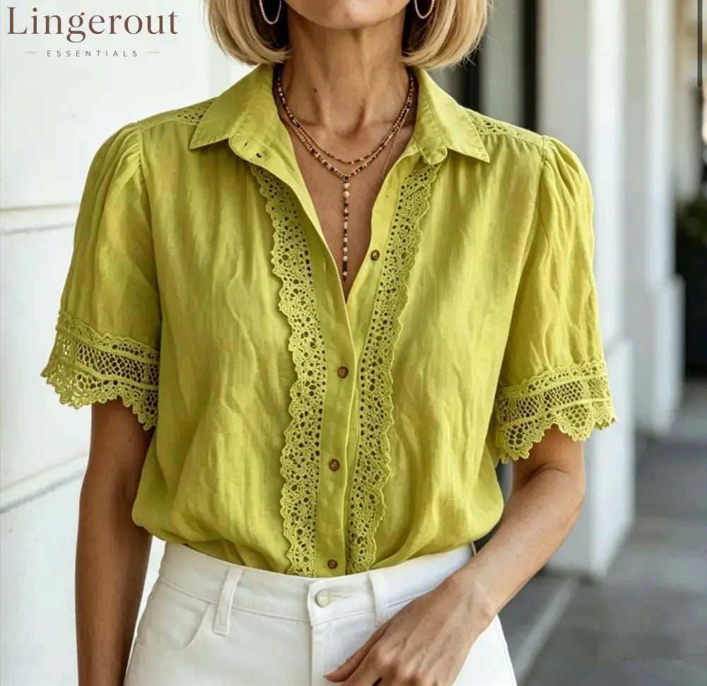 Lace Trim Puff‑Short‑Sleeve Button‑Down Collared Blouse - Yellow-green / S