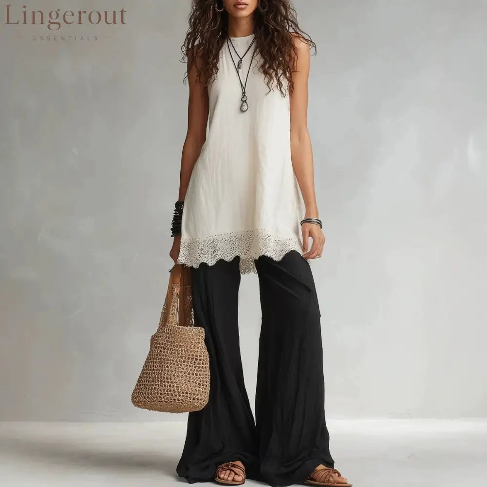 Lace Trim Sleeveless Tunic Two Piece Set