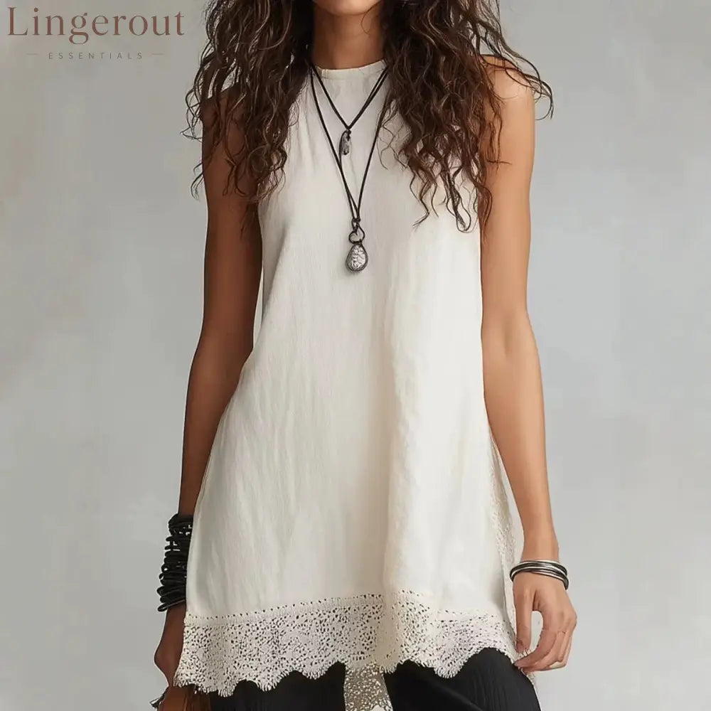 Lace Trim Sleeveless Tunic Two Piece Set