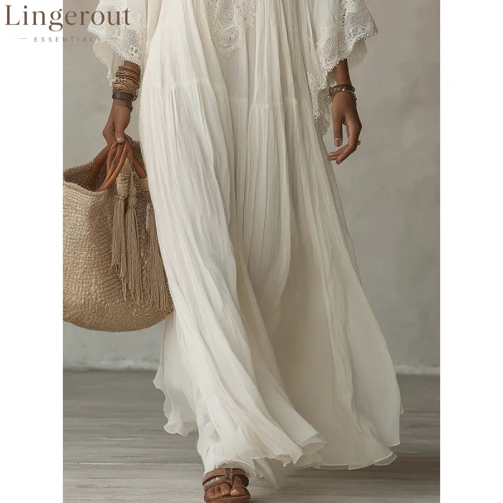 Lace Trim V-Neck Bell Sleeve Tiered Flowy Boho Maxi Dress