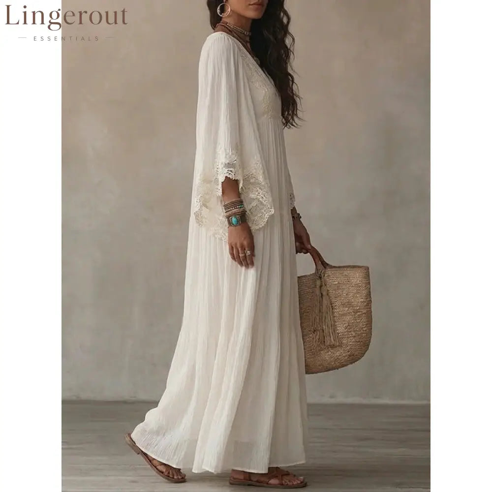 Lace Trim V-Neck Bell Sleeve Tiered Flowy Boho Maxi Dress