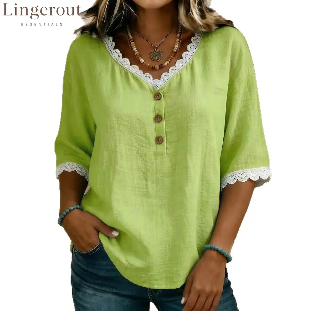Lace‑Trim V‑Neck Henley Half‑Sleeve Blouse
