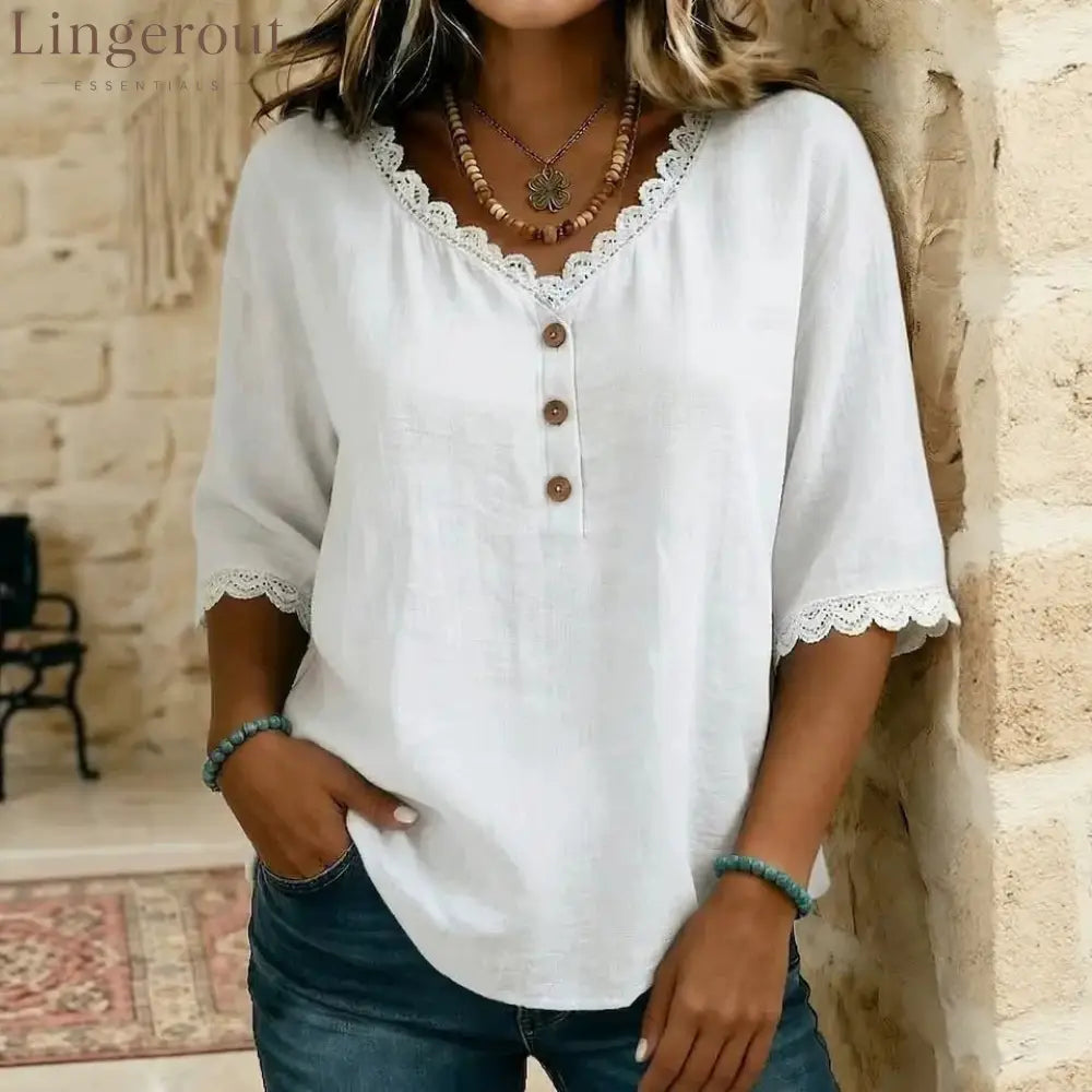 Lace‑Trim V‑Neck Henley Half‑Sleeve Blouse