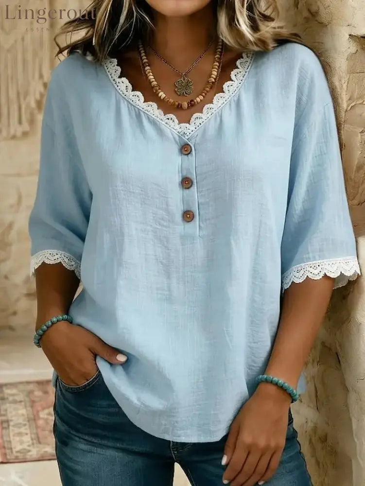 Lace‑Trim V‑Neck Henley Half‑Sleeve Blouse - Sky blue / S