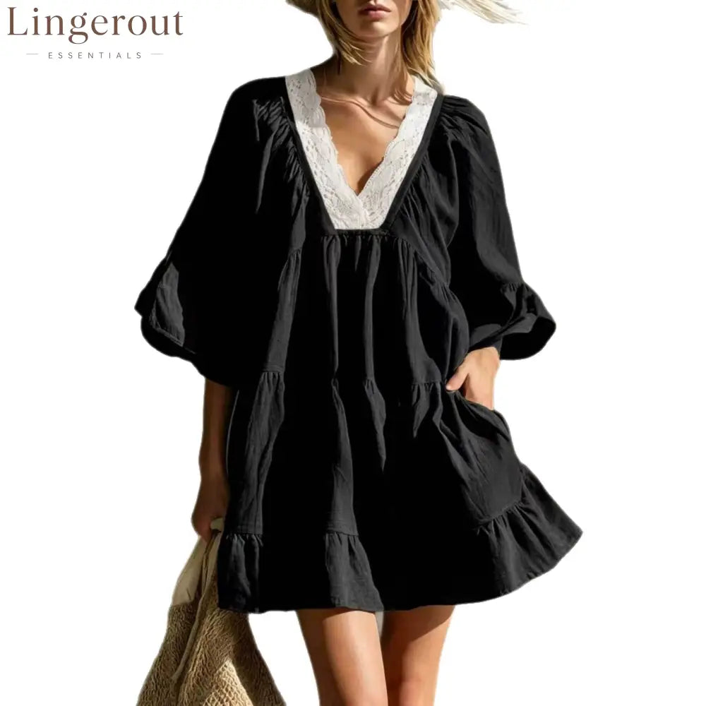 Lace V‑Neck Tiered Ruffle Mini Dress