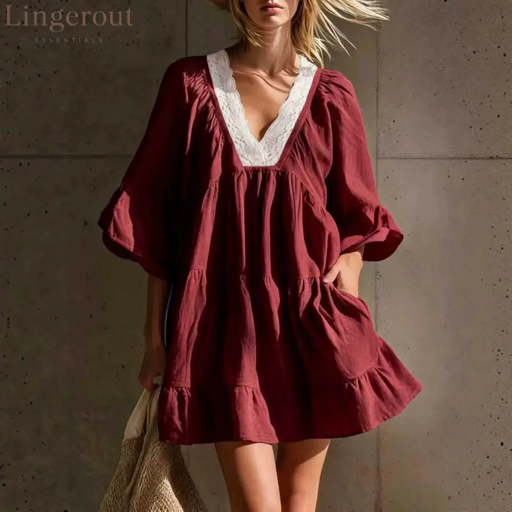 Lace V‑Neck Tiered Ruffle Mini Dress