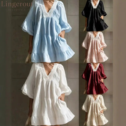 Lace V‑Neck Tiered Ruffle Mini Dress