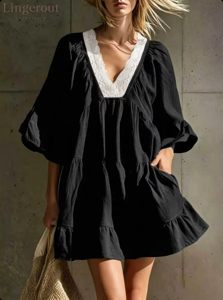 Lace V‑Neck Tiered Ruffle Mini Dress - Black / S