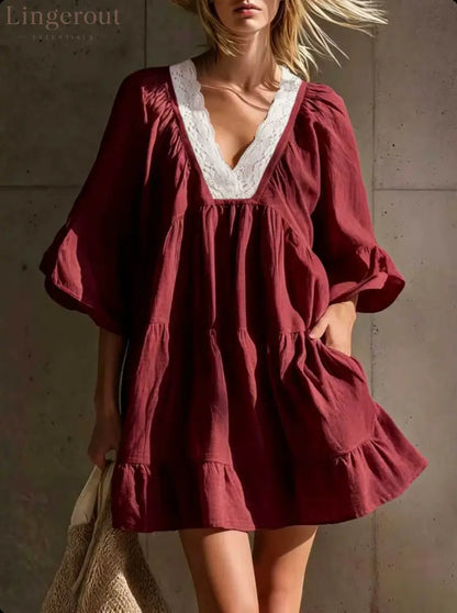 Lace V‑Neck Tiered Ruffle Mini Dress - Claret / S