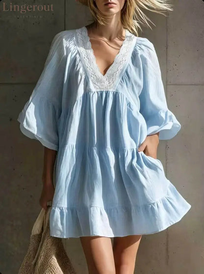 Lace V‑Neck Tiered Ruffle Mini Dress - Lake blue / S