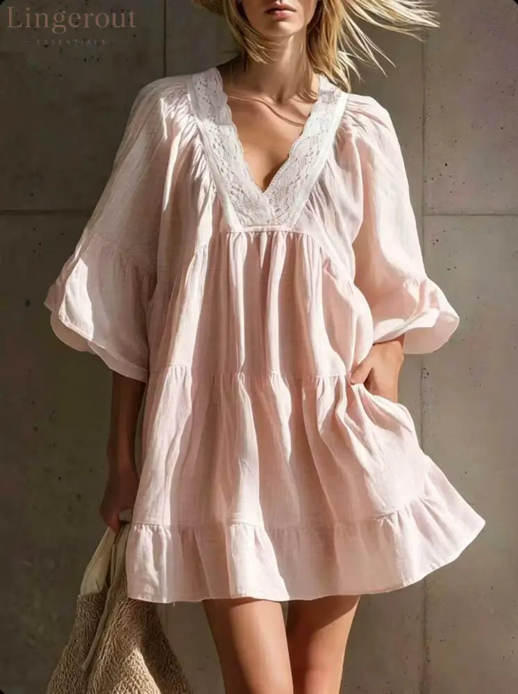 Lace V‑Neck Tiered Ruffle Mini Dress - Pink / S