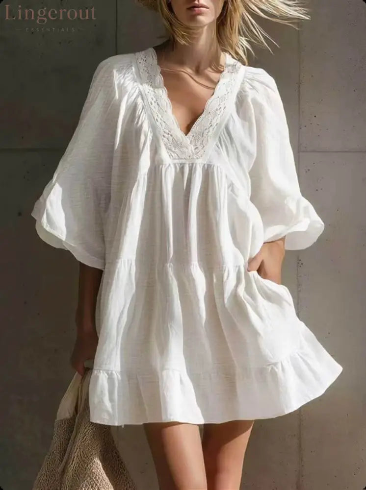 Lace V‑Neck Tiered Ruffle Mini Dress - White / S