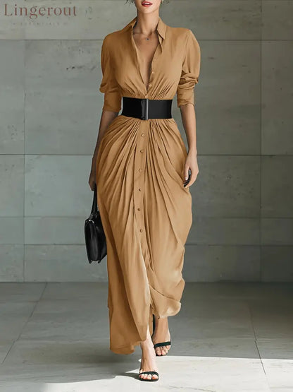 Ladies Lapel Long Sleeve Single Breasted Belt Maxi Dress - Khaki / S