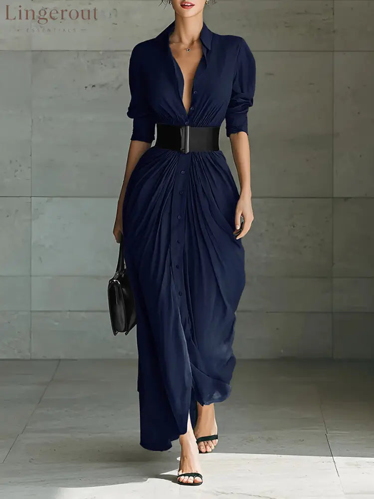 Ladies Lapel Long Sleeve Single Breasted Belt Maxi Dress - Navy Blue / S