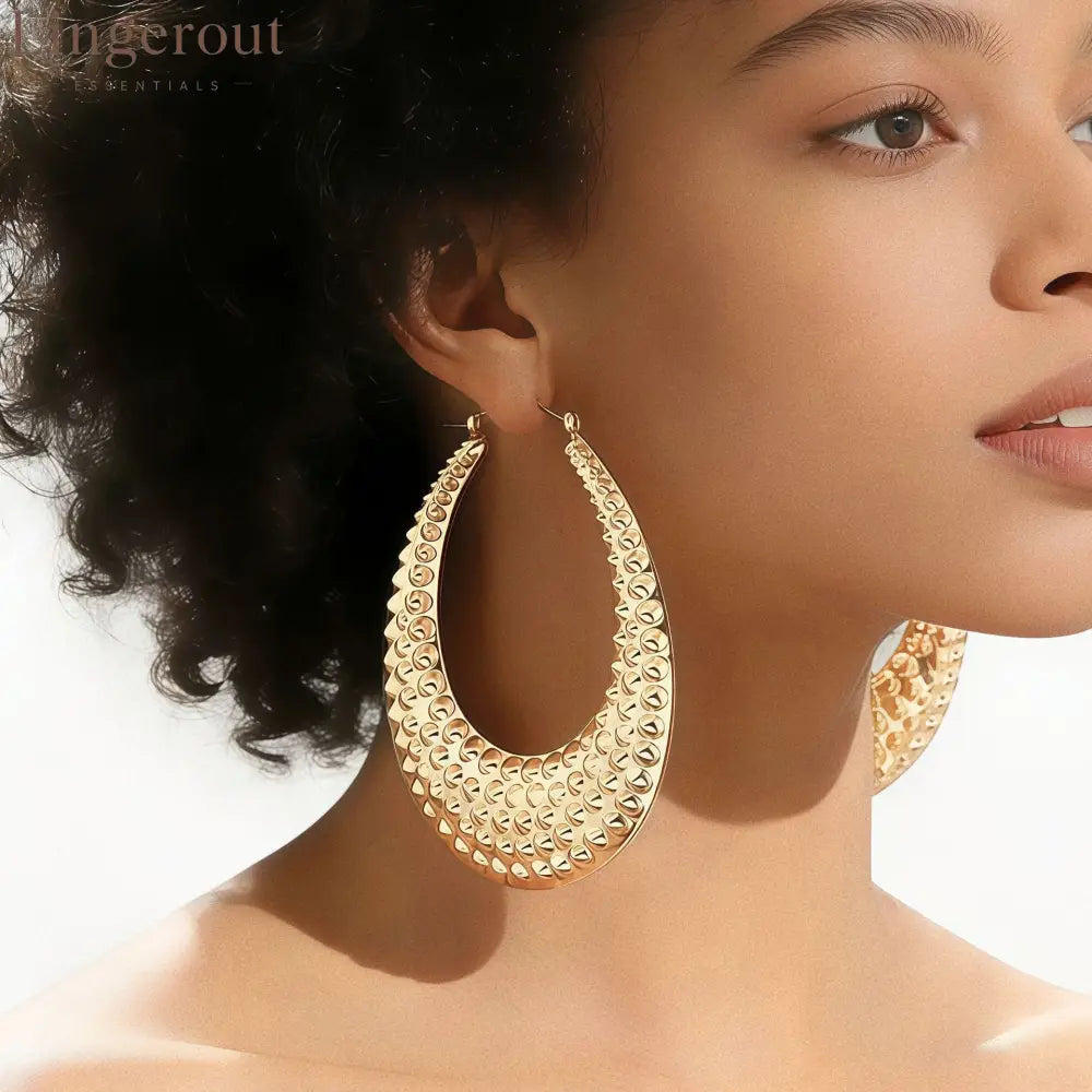 Large Hammered Teardrop Hoop Earrings Bold Textured 14K Gold Plated Statement Hoops