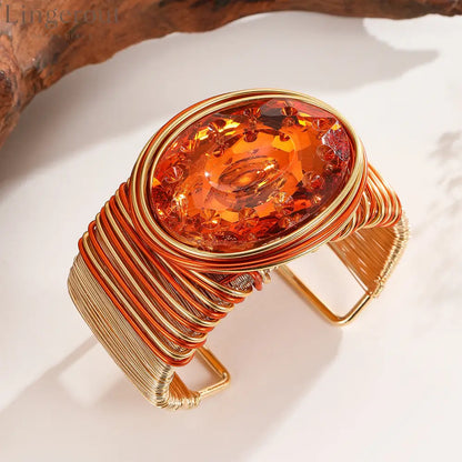 Large Wire Wrapped Crystal Bracelet Bangle with Aluminum Wire for Women Career Functions - Orange