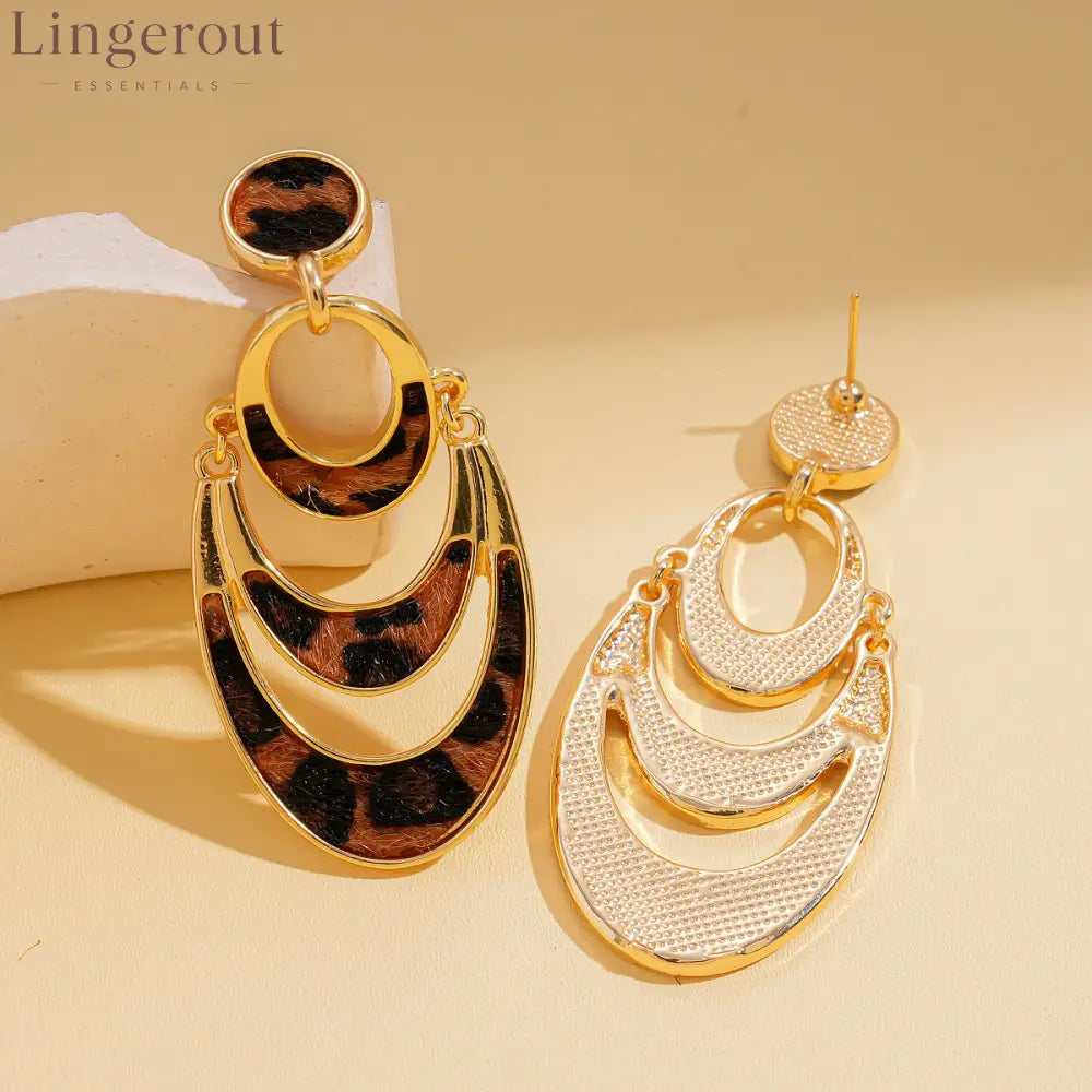 Layered Crescent Leopard Print Dangle Earrings Vintage 14K Gold Plated Animal Pattern Statement Drop Earrings