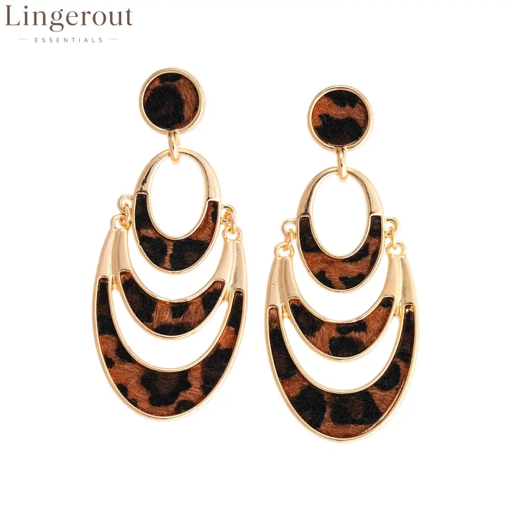 Layered Crescent Leopard Print Dangle Earrings Vintage 14K Gold Plated Animal Pattern Statement Drop Earrings