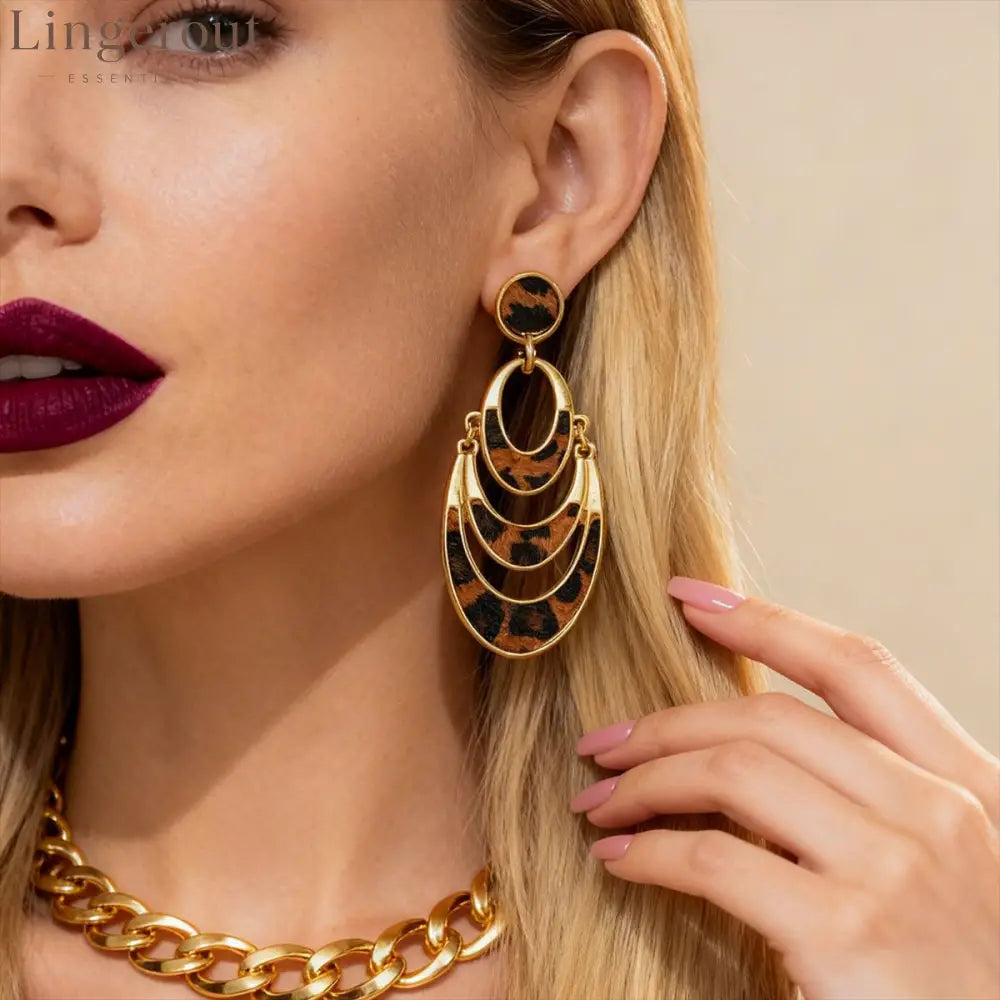 Layered Crescent Leopard Print Dangle Earrings Vintage 14K Gold Plated Animal Pattern Statement Drop Earrings