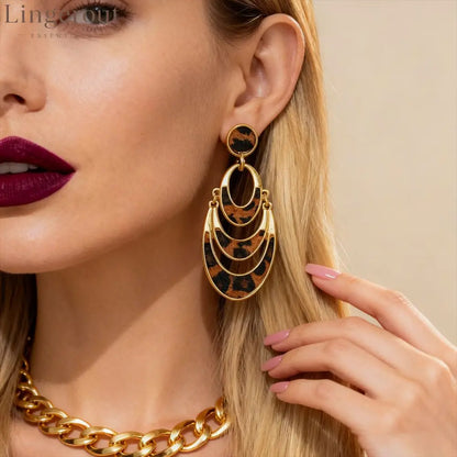 Layered Crescent Leopard Print Dangle Earrings Vintage 14K Gold Plated Animal Pattern Statement Drop Earrings