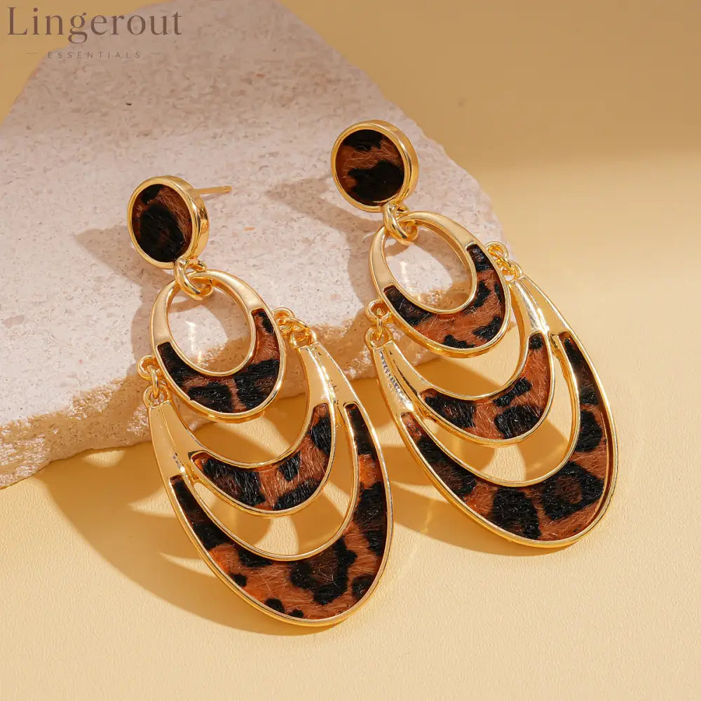 Layered Crescent Leopard Print Dangle Earrings Vintage 14K Gold Plated Animal Pattern Statement Drop Earrings