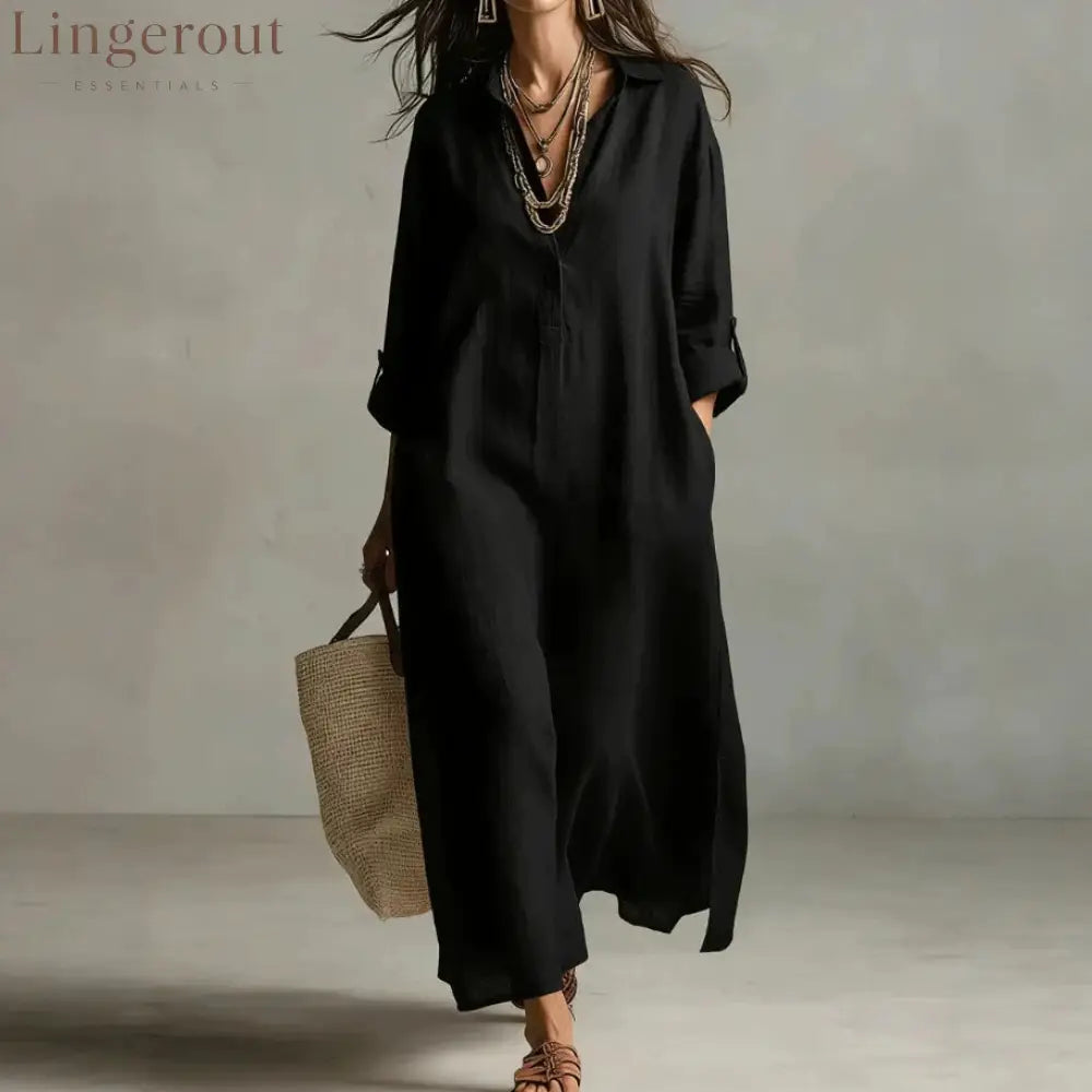 Lazy Style Solid Color Lapel Casual Long-Sleeved Shirt Dress