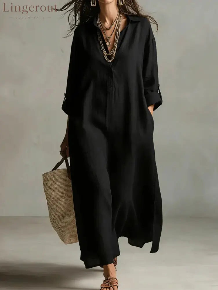 Lazy Style Solid Color Lapel Casual Long-Sleeved Shirt Dress - Black / S