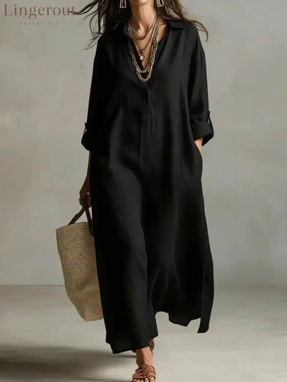 Lazy Style Solid Color Lapel Casual Long-Sleeved Shirt Dress - Black / S