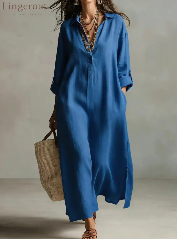 Lazy Style Solid Color Lapel Casual Long-Sleeved Shirt Dress - Blue / S