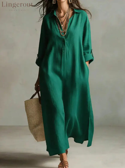 Lazy Style Solid Color Lapel Casual Long-Sleeved Shirt Dress - Green / S