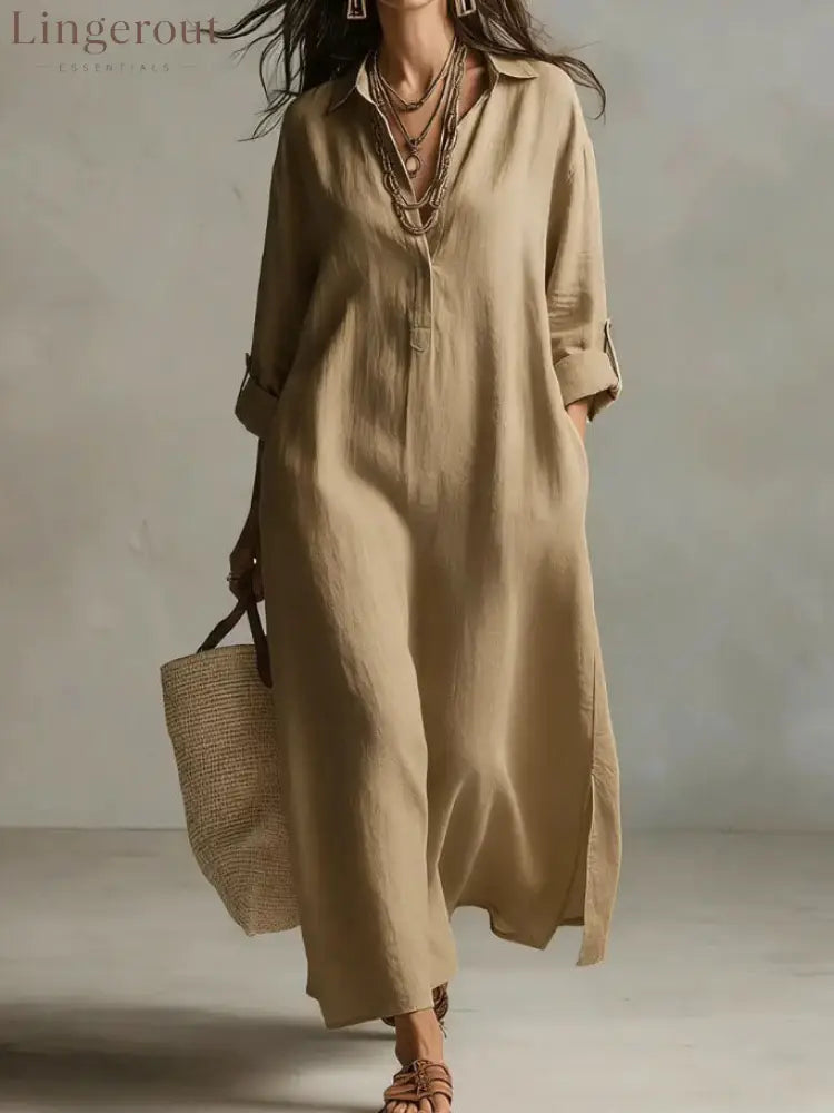 Lazy Style Solid Color Lapel Casual Long-Sleeved Shirt Dress - Khaki / S