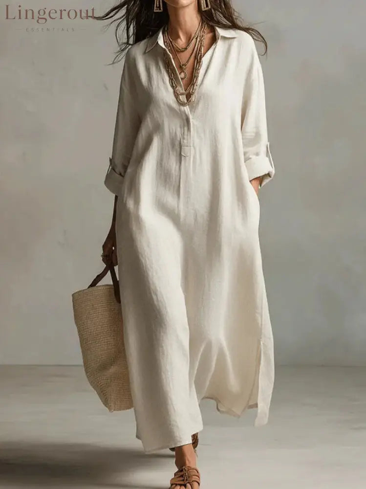 Lazy Style Solid Color Lapel Casual Long-Sleeved Shirt Dress - White / S