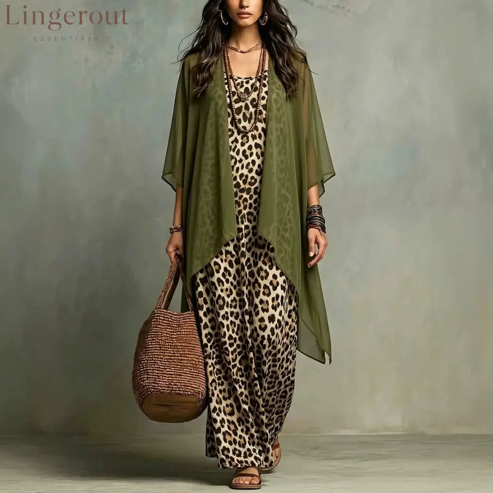 European And American Cross-Border New Spring And Autumn Leopard Print Suspender Long Skirt Two-Piece Blouse Chiffon