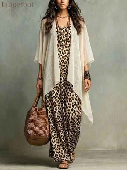 European And American Cross-Border New Spring And Autumn Leopard Print Suspender Long Skirt Two-Piece Blouse Chiffon