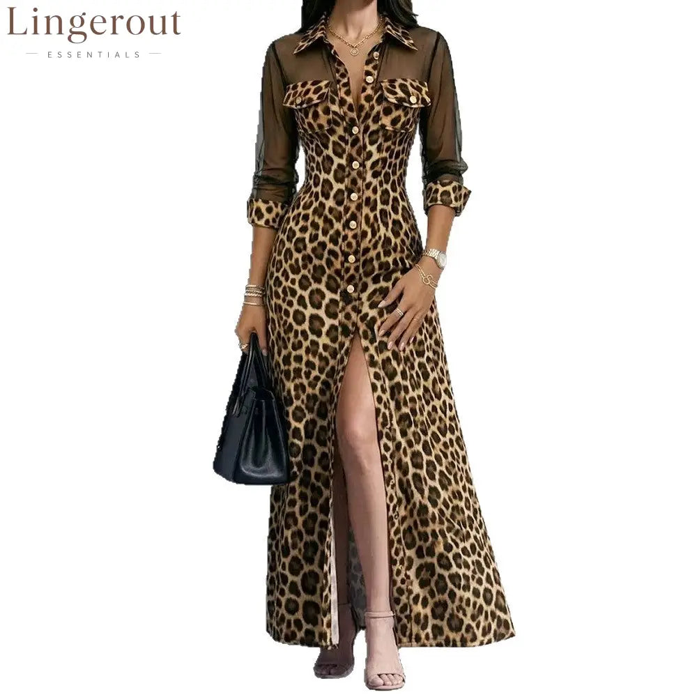 Leopard Print Mesh Sleeve Maxi Shirt Dress
