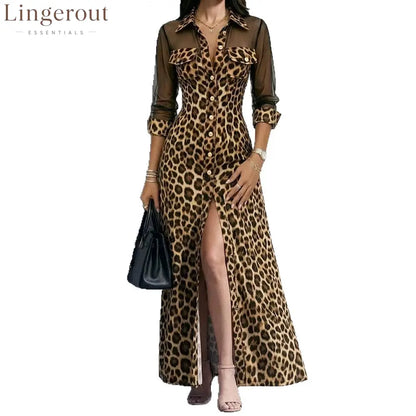 Leopard Print Mesh Sleeve Maxi Shirt Dress