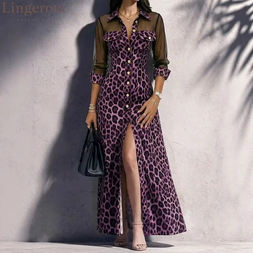Leopard Print Mesh Sleeve Maxi Shirt Dress