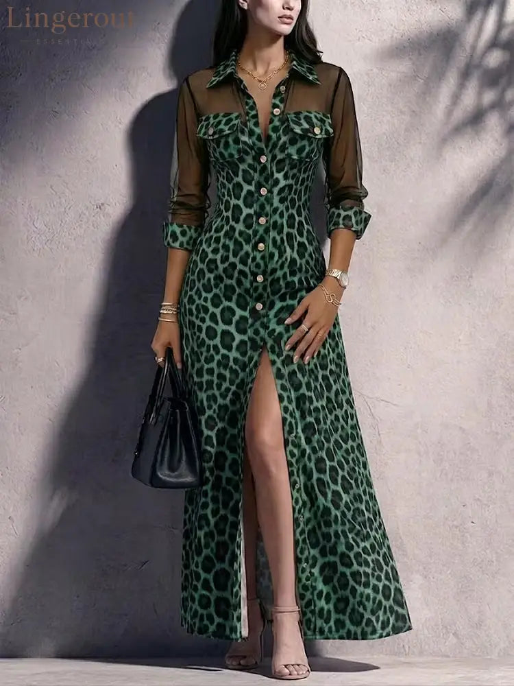 Leopard Print Mesh Sleeve Maxi Shirt Dress - Green / S