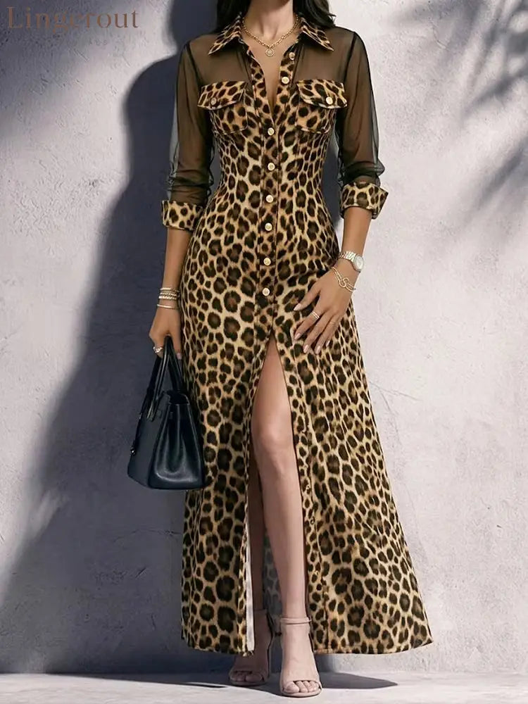 Leopard Print Mesh Sleeve Maxi Shirt Dress - Khaki / S