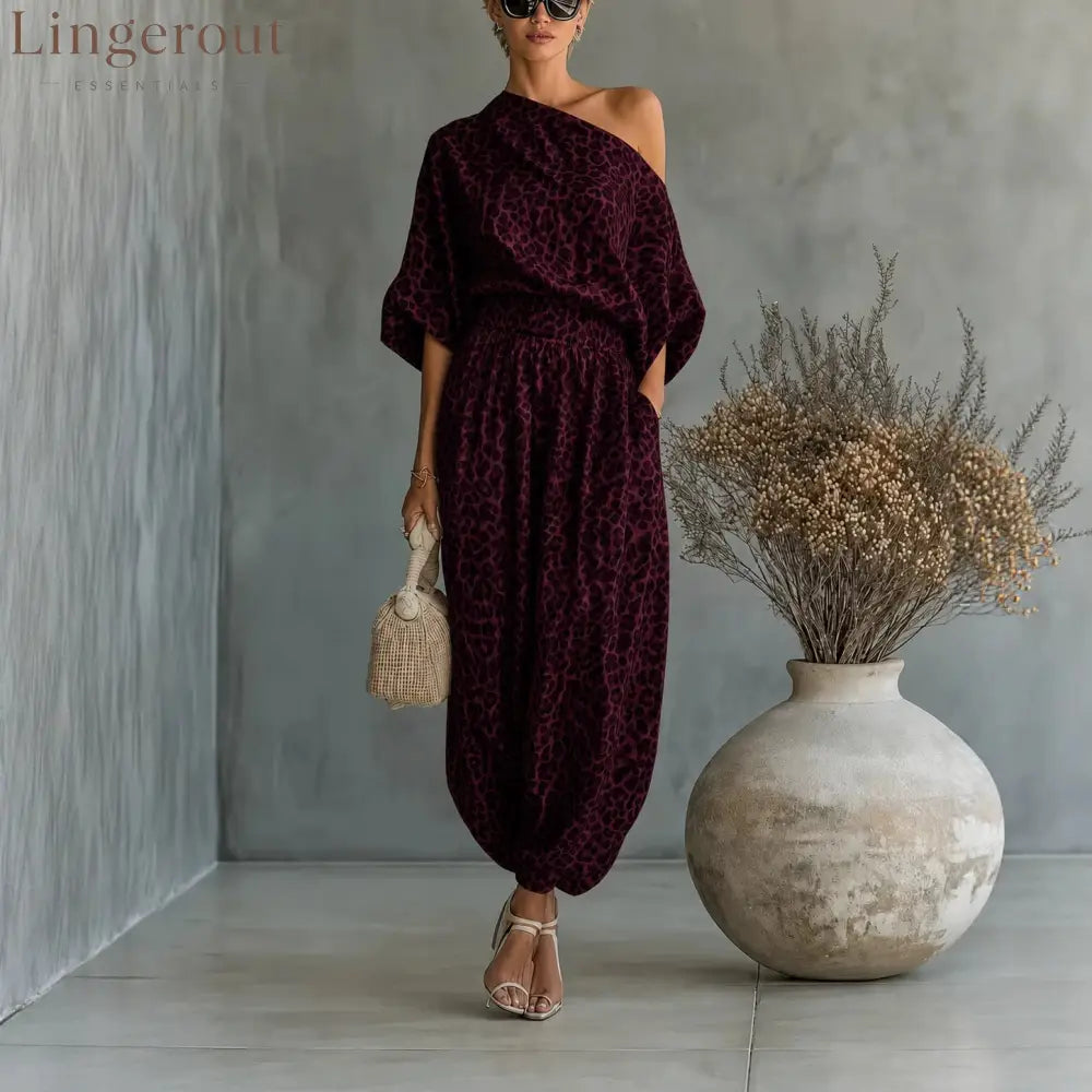 Leopard Print One Shoulder Batwing Top & Cuffed Harem Jogger 2 Piece Co-Ord Set