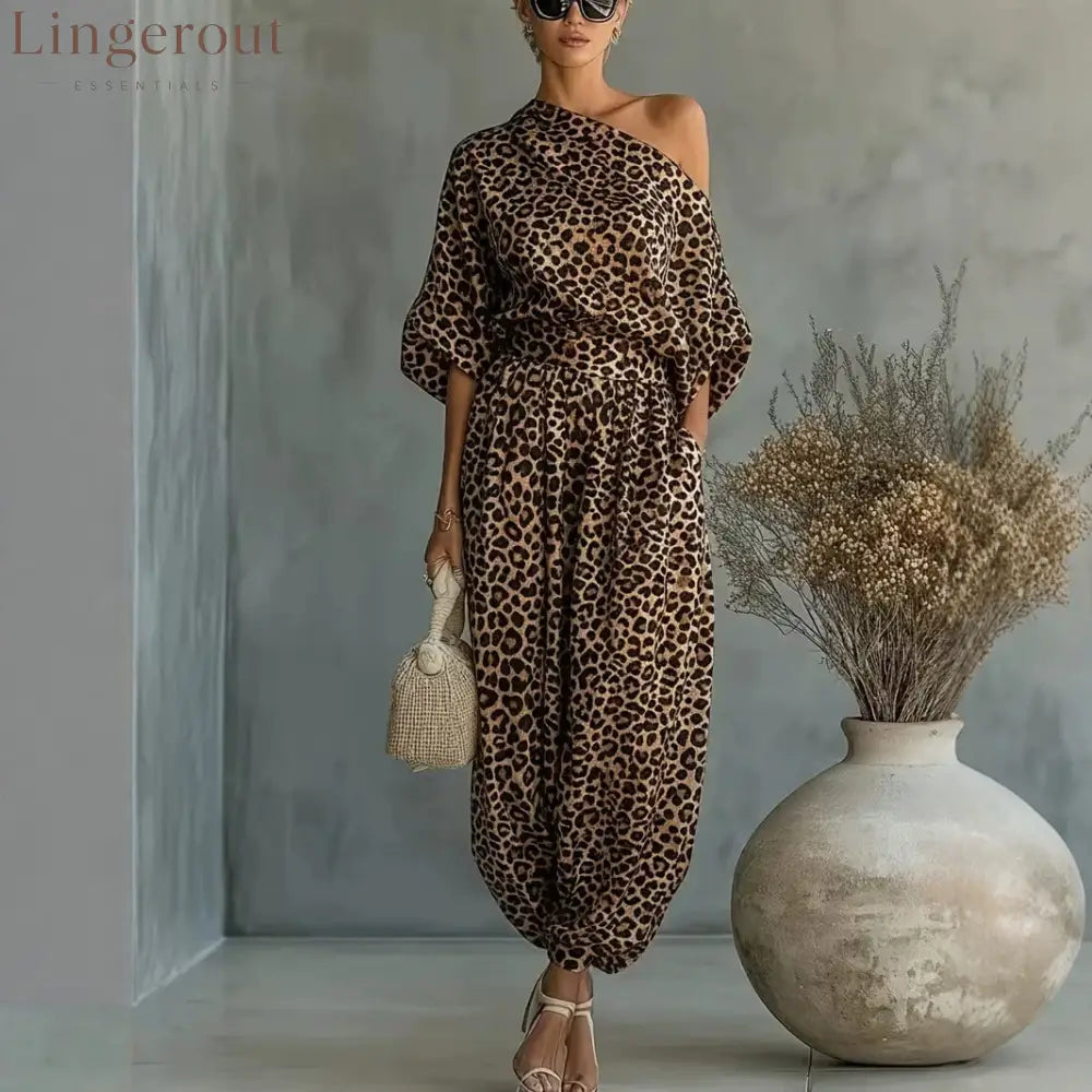 Leopard Print One Shoulder Batwing Top & Cuffed Harem Jogger 2 Piece Co-Ord Set