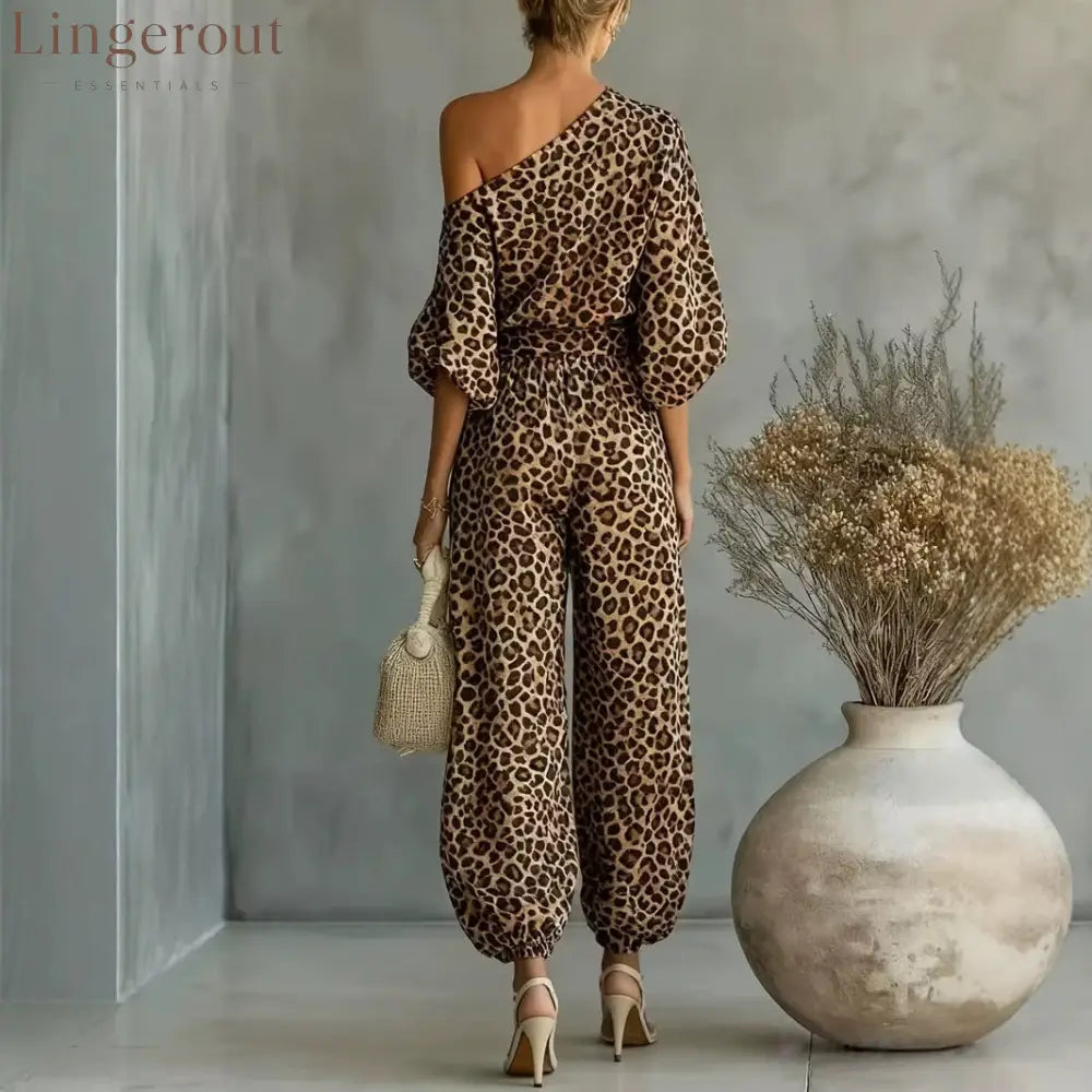 Leopard Print One Shoulder Batwing Top & Cuffed Harem Jogger 2 Piece Co-Ord Set