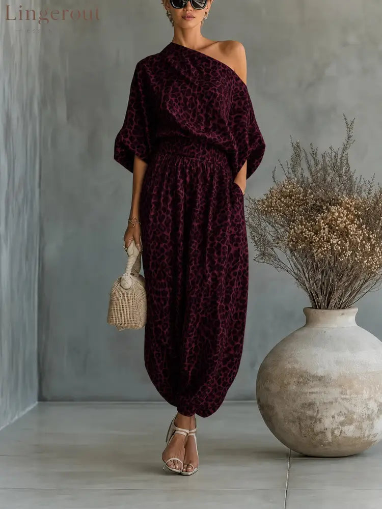 Leopard Print One Shoulder Batwing Top & Cuffed Harem Jogger 2 Piece Co-Ord Set - Burgundy leopard print / S