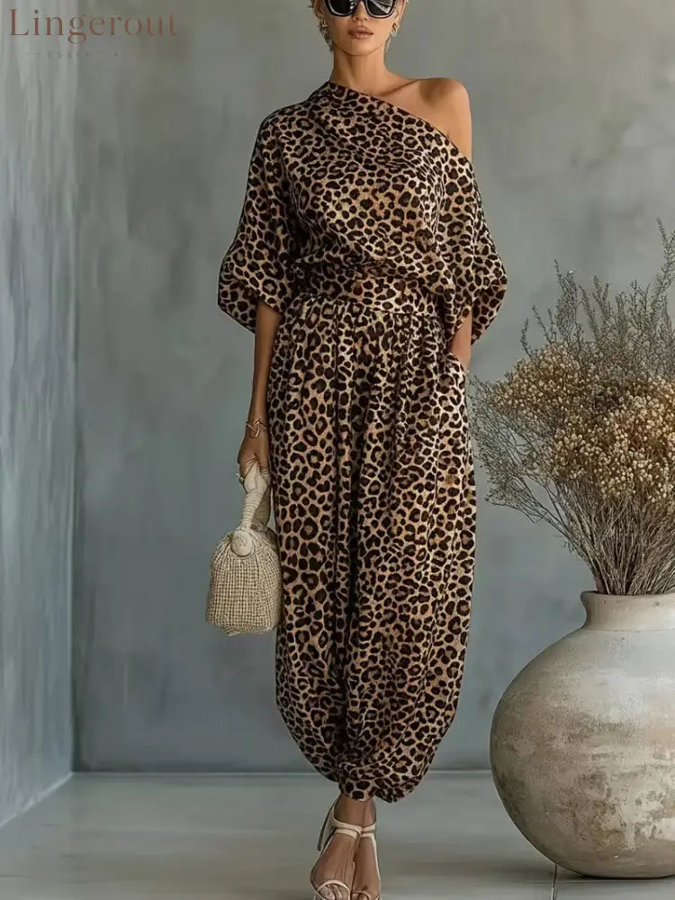 Leopard Print One Shoulder Batwing Top & Cuffed Harem Jogger 2 Piece Co-Ord Set - Leopard print / S